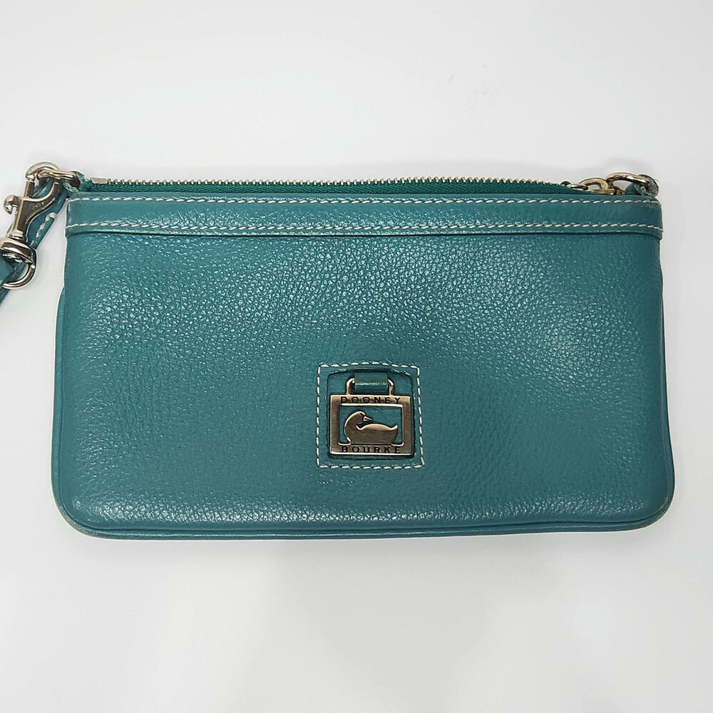 Dooney and Bourke Teal Pebble Leather Wristlet Wallet Clutch Red Interior